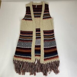 Dannytex Fringe Open Front Cardigan Sleeveless Knit Vest‎ Boho Aztec One Size